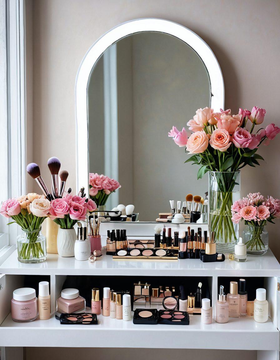 A stylish vanity table adorned with skincare products, makeup brushes, and luxurious beauty tools; a towering makeup mirror reflecting a glowing, confident face; fresh flowers adding a touch of elegance; soft pastel colors enhancing the beauty ambiance. super-realistic. vibrant colors. elegant mood. white background.