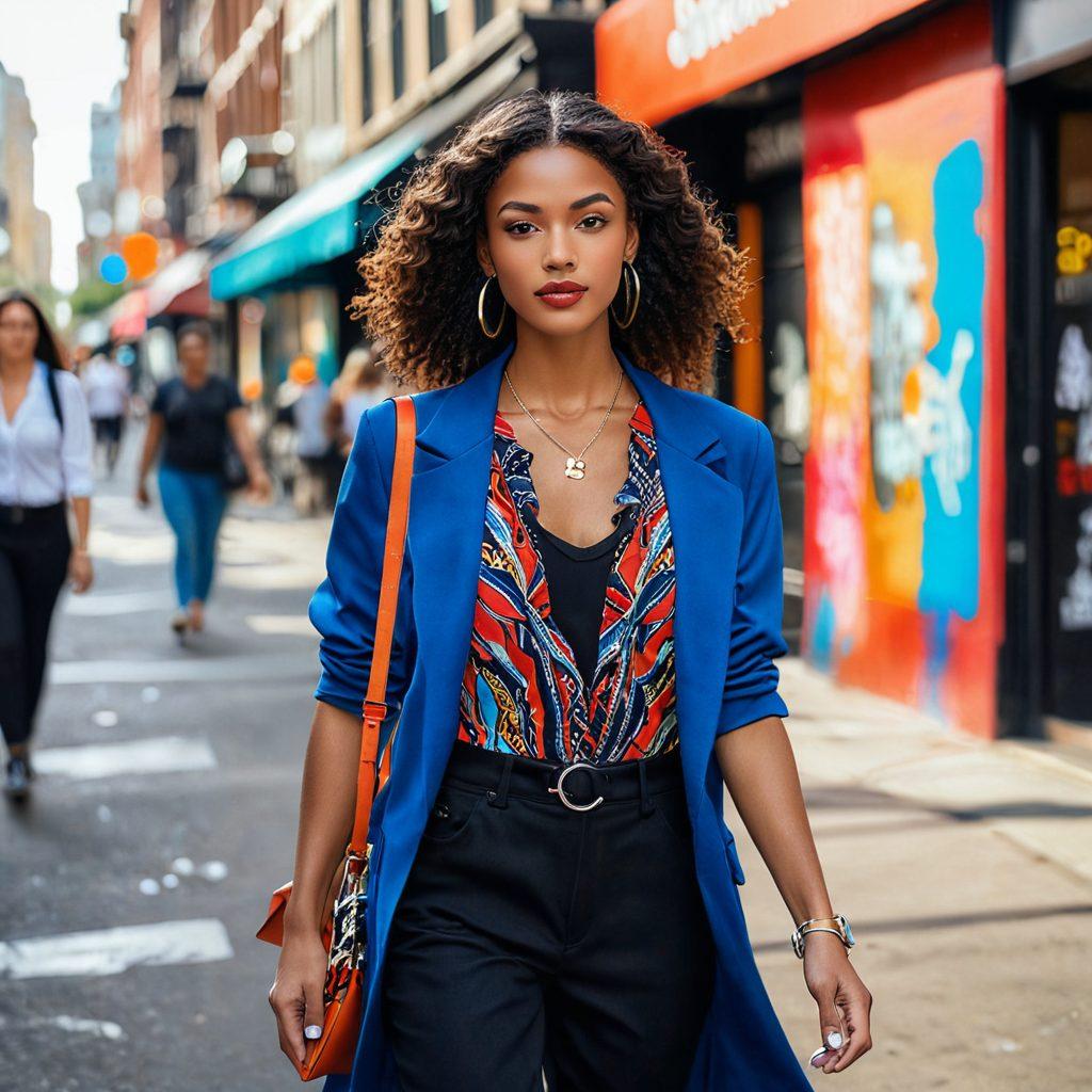 A stylish urban woman confidently walking down a bustling city street, donning the latest fashion trends with bold accessories and flawless makeup. Background filled with chic boutiques, trendy cafes, and vibrant graffiti art. Encompasses the essence of modern elegance and fashion-forward beauty tips. super-realistic. vibrant colors. urban setting.